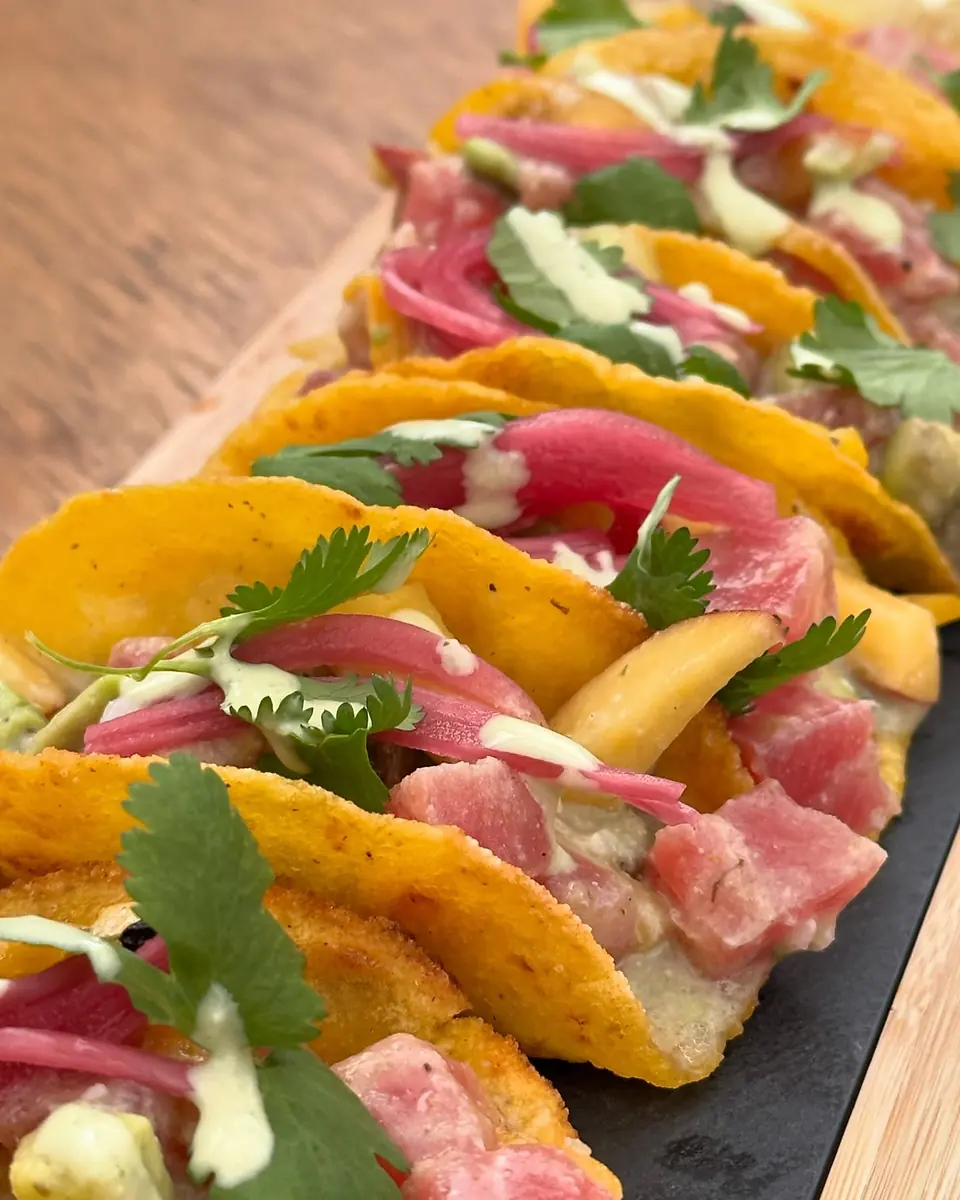 Tacos de atún con cebolla morada y cilantro sobre una tabla