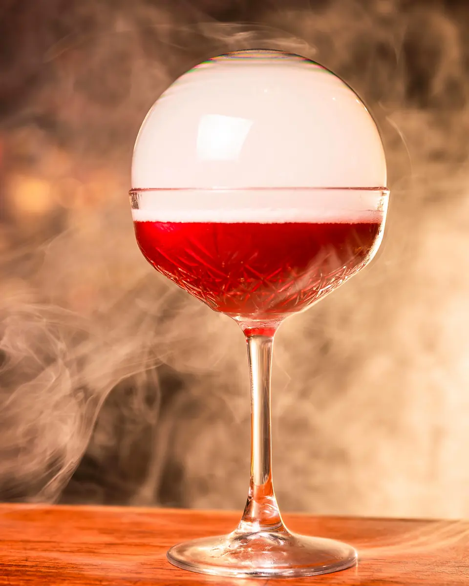 Copa roja coronada por una burbuja de humo sobre la barra de madera
